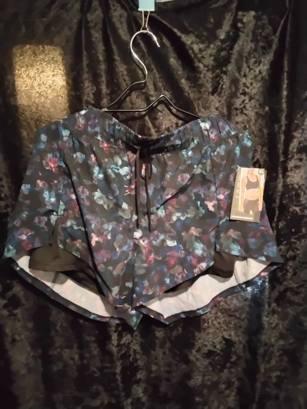 Avia Black Floral-Print Athletic Shorts with Drawstring